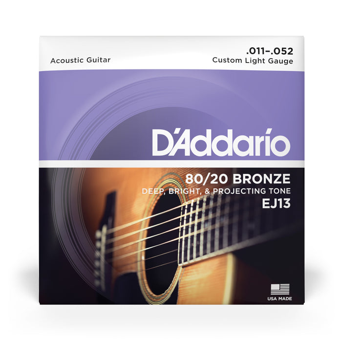 D'Addario EJ13 80/20 Bronze Acoustic Guitar Strings, Custom Light, 11-52