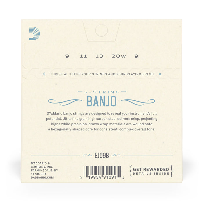 D'Addario EJ69 5-String Ball-End Banjo Strings, Phosphor Bronze, Light, 9-20