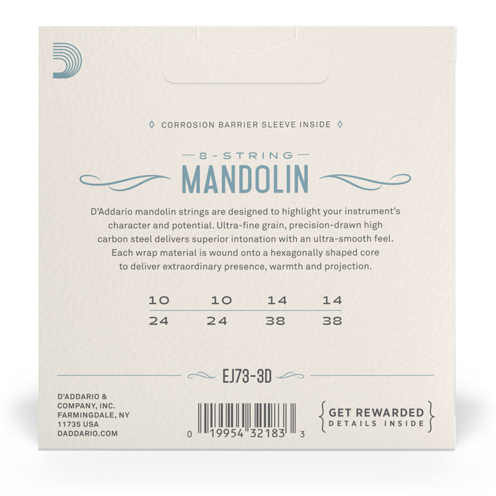 D'Addario EJ73 Mandolin Strings, Phosphor Bronze, Light, 10-38, 3 Sets
