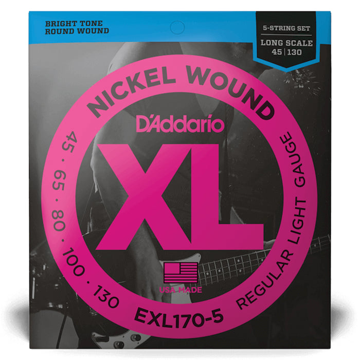 D'Addario EXL170-5 5-String Nickel Wound Bass Guitar Strings, Light, 45-130, Lon...