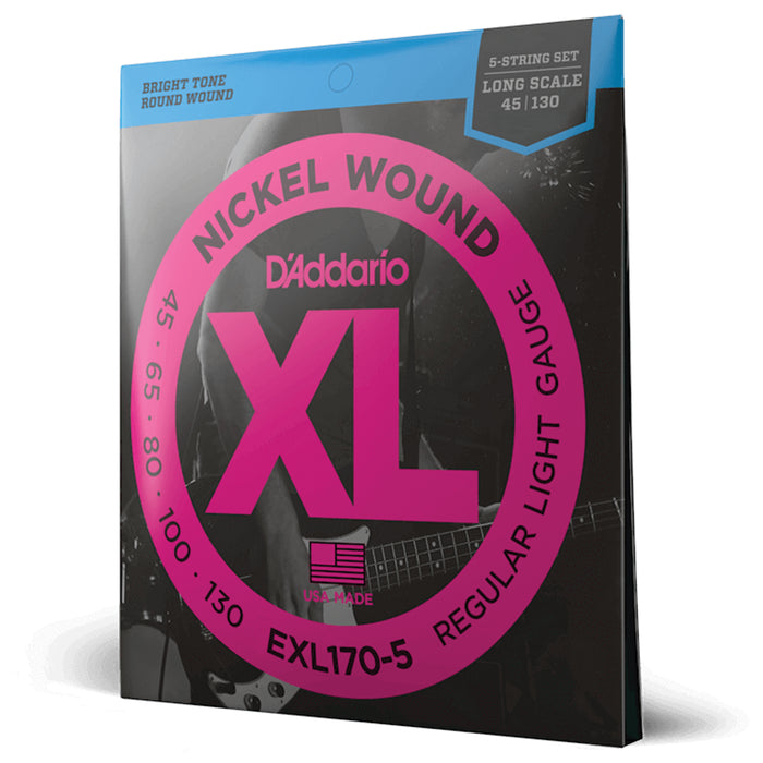 D'Addario EXL170-5 5-String Nickel Wound Bass Guitar Strings, Light, 45-130, Lon...