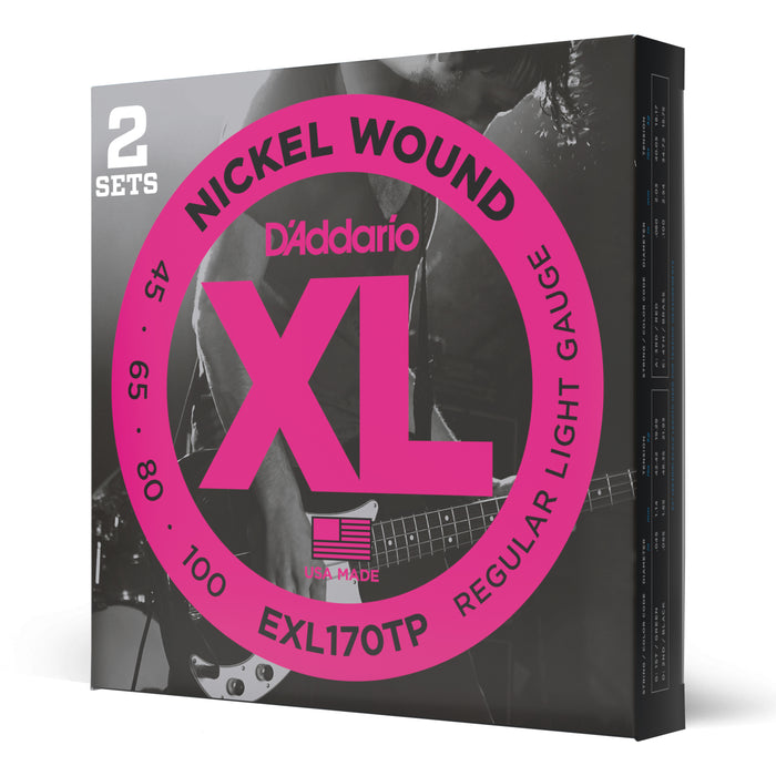 D'Addario EXL170TP Nickel Wound Bass Guitar Strings, Light, 45-100, 2 Sets, Long...