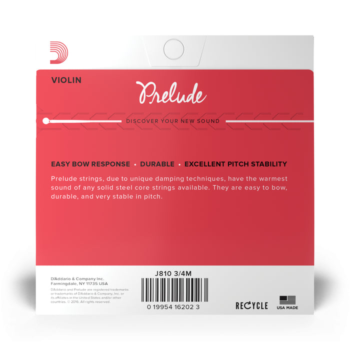 D'Addario Prelude Violin String Set, 3/4 Scale, Medium Tension