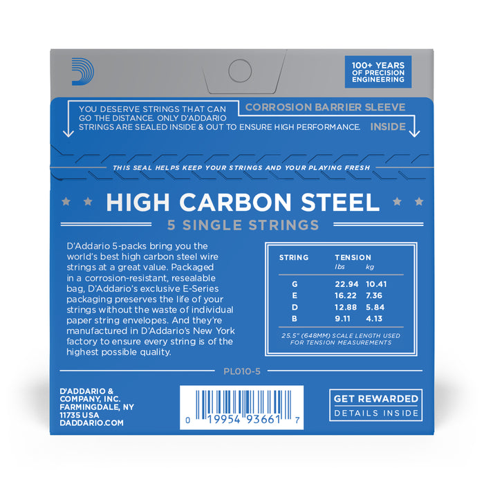 D'Addario PL010-5 Plain Steel Guitar Single String, .010 5-pack