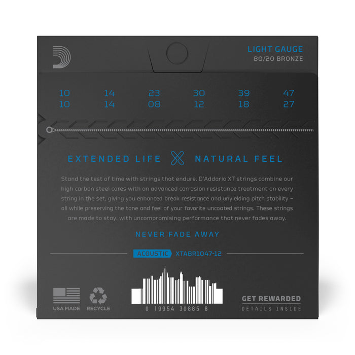 D'Addario XTABR1047-12 XT 80/20 Bronze Acoustic Guitar Strings, 12-String Light, 10-47